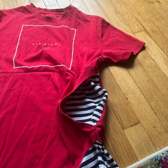 Vie Riche Paris Size S Red with Black & White Stripes Pocket Streetwear T-Shirt - Picture 9 of 13